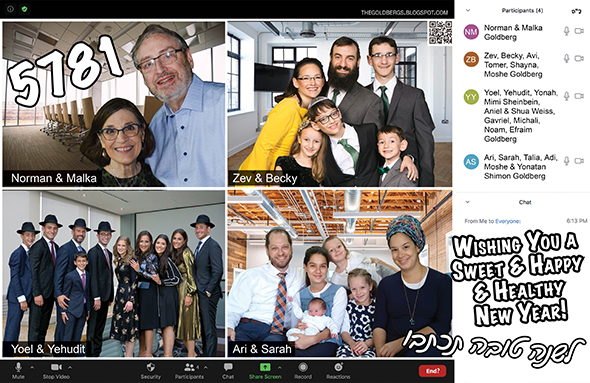 Jewish New Years card with photos and text in the style of a Zoom meeting. There are four participants in the meeting and they are the four Goldberg family units with cheesy Zoom office backgrounds. The text says, '5781; Wishing You a Sweet & Happy & Healthy New Year! לשנה טובה תכתבו' In the 'participants' area it says, 'Norman & Malka Goldberg; Zev, Becky, Avi, Tomer, Shayna, Moshe Goldberg; Yoel, Yehudit, Yonah, Mimi Sheinbein, Aniel & Shua Weiss, Gavriel, Michali, Noam, Efraim Goldberg; Ari, Sarah, Talia, Adi, Moshe & Yonatan Shimon Goldberg'
